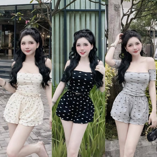 Set Bộ Tăm Lạnh Áo Trễ Vai Croptop In Nơ + Quần Short Lưng Chun Nơ