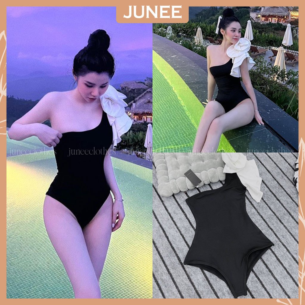 Bikini Swimsuit Lệch Vai Đính Hoa Tay Xếp Ly Tầng Dáng Ôm Body Đầm Nữ Đi Biển Hở Vai 2 Size | BigBuy360 - bigbuy360.vn
