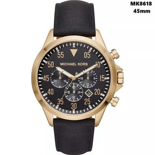 Đồng Hồ Michael Kors Nam Dây Da Đen Vỏ Vàng 6 Kim MK8618 Size 45mm