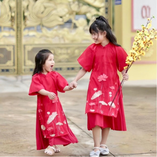  Áo dài cách tân bé gái SEN size đại từ 12-43kg Nhật Hà Kids tay bồng thêu hoa cho bé mặc tết siêu xinh. 