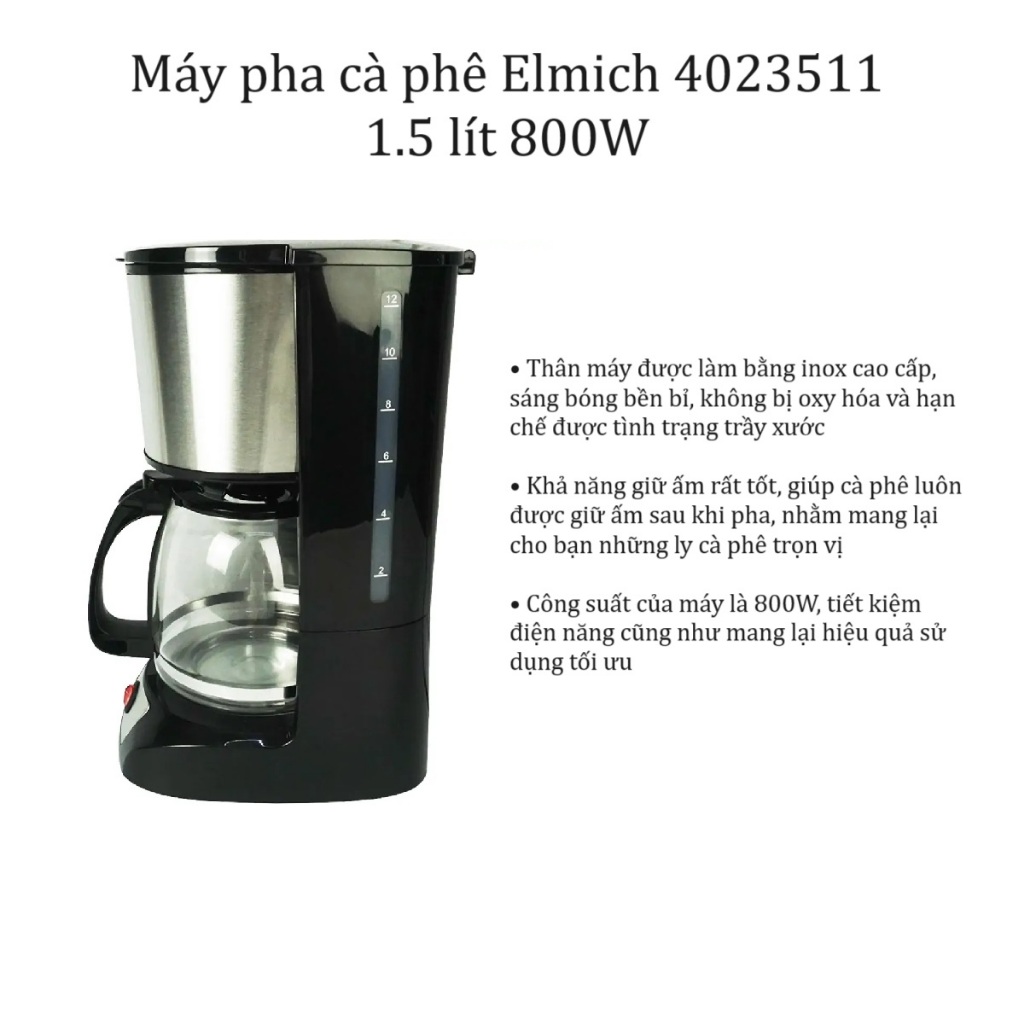 [Cam kết mới 100% chính hãng] Máy pha cà phê Elmich 4023511 1.5 lít 800W