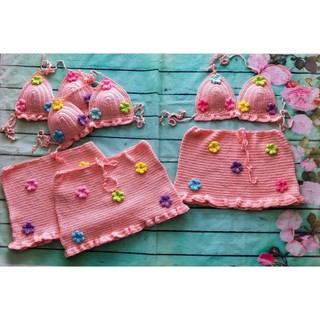 Set len móc hồng da có đính hoa - crochet