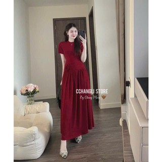 Đầm maxi chất thun tăm lạnh cổ tròn tay ngắn nhún eo phối hoa mix chân váy xòe thích hợp mặc dạo phố