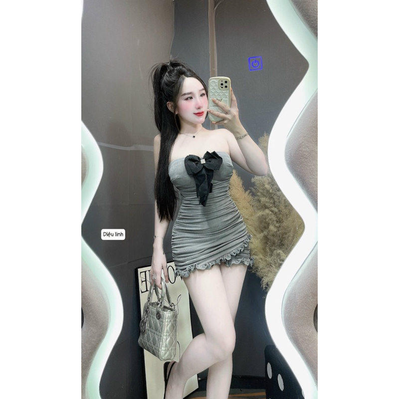 ĐẦM BODY CÚP NGỰC ĐÍNH NƠ NHÚN HÔNG DÁNG NGẮN