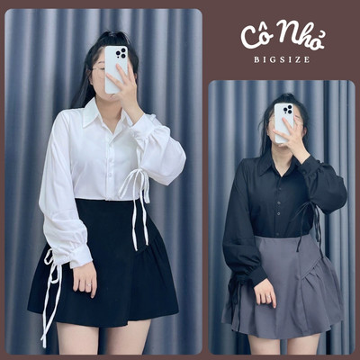 Áo Sơ Mi Nữ Tay Dài Phồng Phối Nơ Buộc Xinh Xắn Vải Lụa Chéo Mềm Ít Nhăn 50-96kg SM170