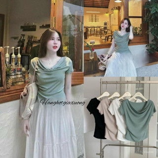 áo thun nữ thiết kế lệch vai cổ đổ dáng ôm cực xinh 4M đen, be, xanh, trắng new 2024 D1703