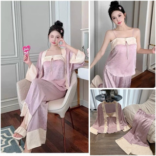 Sét bộ ngủ mặc nhà 3 món quần dài áo dây kèm choàng lụa Quảng Châu cao cấp tím.