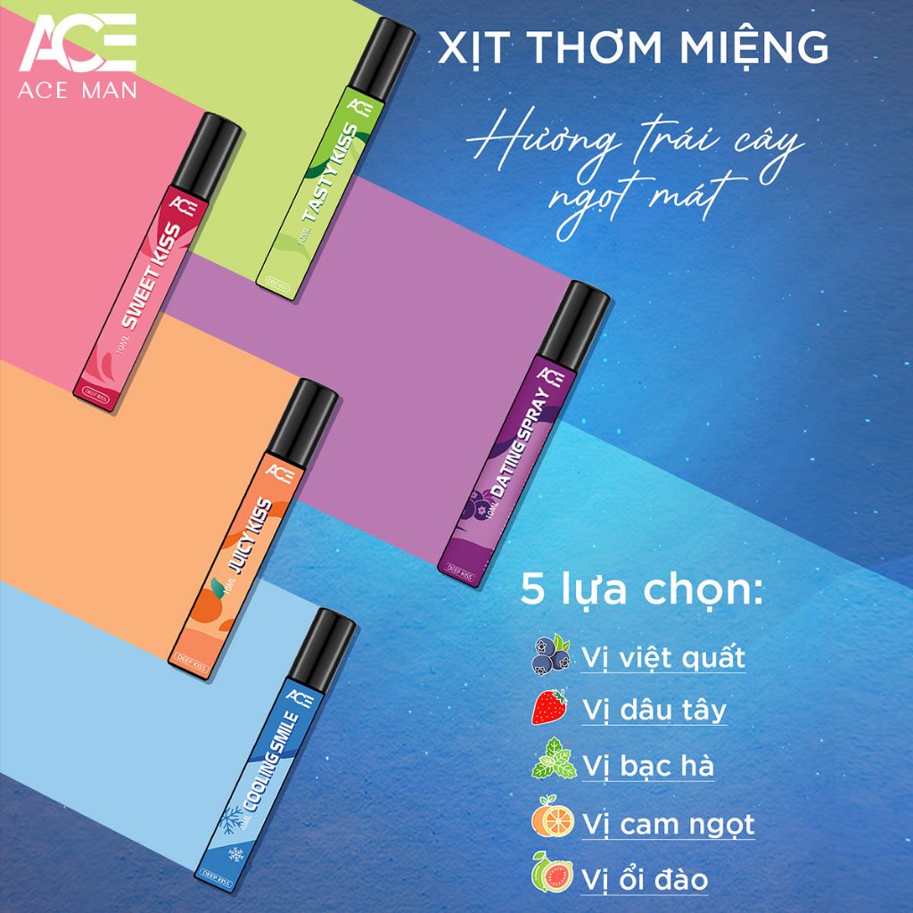 Xịt thơm miệng ACE MAN Deep Kiss 10ml cho nam nữ hương vị trái cây tự nhiên ngọt ngào the mát