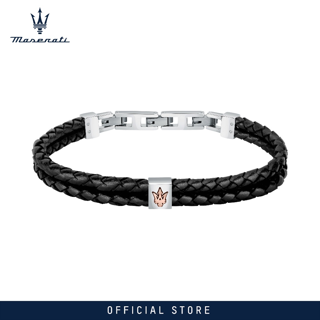 Maserati Men's Leather Stainless Steel Bracelet, Black, 220mm JM422AVE13 (Adjustable)