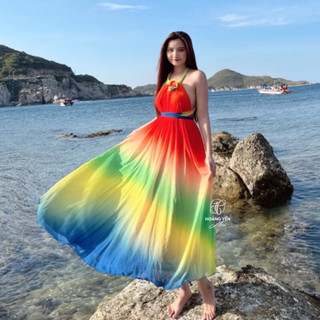 HOANGYEN Đầm maxi yếm omber loang màu đi biển hở lưng