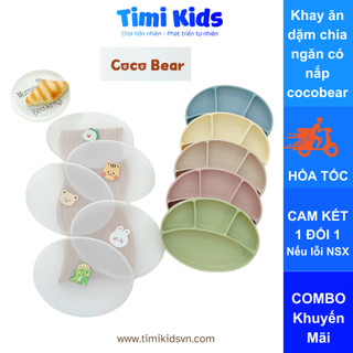 Khay ăn dặm cho bé silicon hình oval chia 4 ngăn có nắp Cocobear, Khay đựng đồ ăn dặm cho bé silicon cho bé ăn dặm blw
