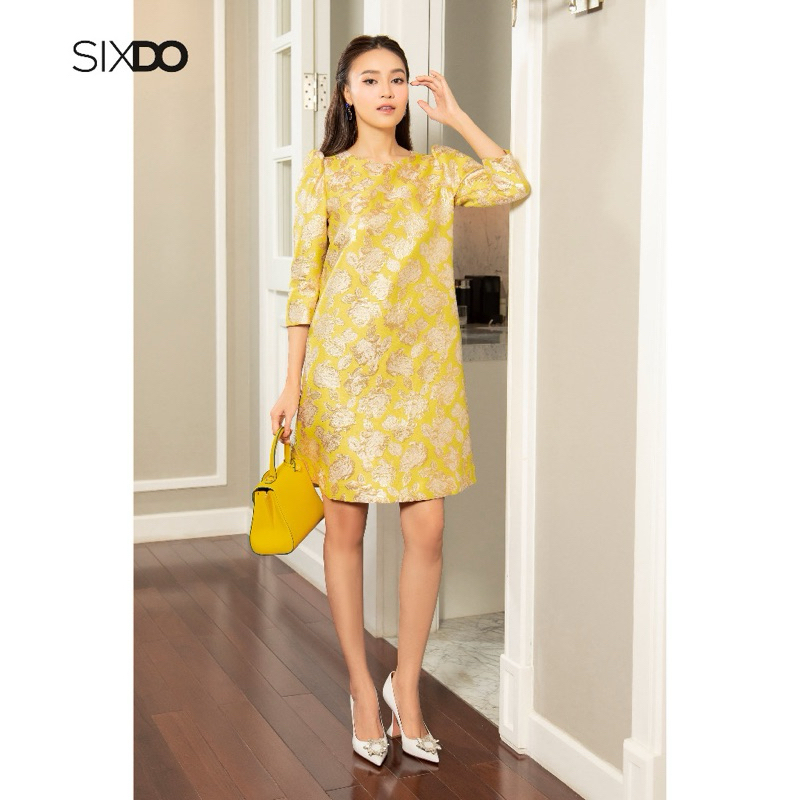 PASS ĐẦM SIXDO USED _ Đầm hoa gấm dáng suông vai bồng thời trang SIXDO (Yellow Rose Short Sleeves Mi