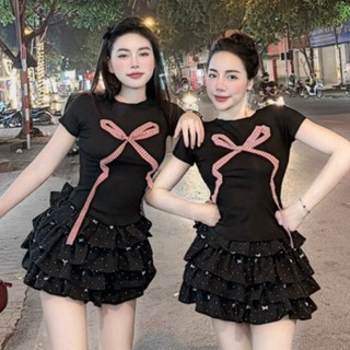 Sét bộ áo phông ôm có ( DẢI HỒNG) mix kèm chân váy xòe phong cách Hàn Quốc  M1851