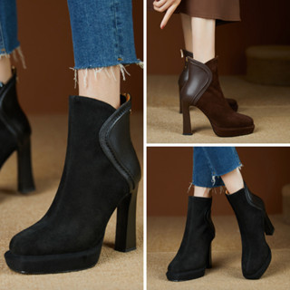  Giày boot nữ cổ ngắn cao gót 10.5cm mũi 2.5cm  chất da lộn ÊM CHÂN TÔN DÁNG 2 màu ĐEN NÂU GBN26 