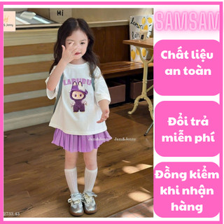 10-30kg Set áo Labubu vạt bầu mix chân váy tím xếp ly cho bé gái