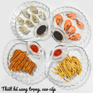 Đĩa thủy tinh đựng thức ăn hình vỏ sò có ngăn đựng nước chấm tiện lợi, Khay đựng thức ăn thủy tinh dày dặn, cao cấp