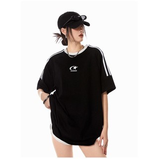 Áo thun nữ cổ tròn cotton sọc vai ngôi sao trắng