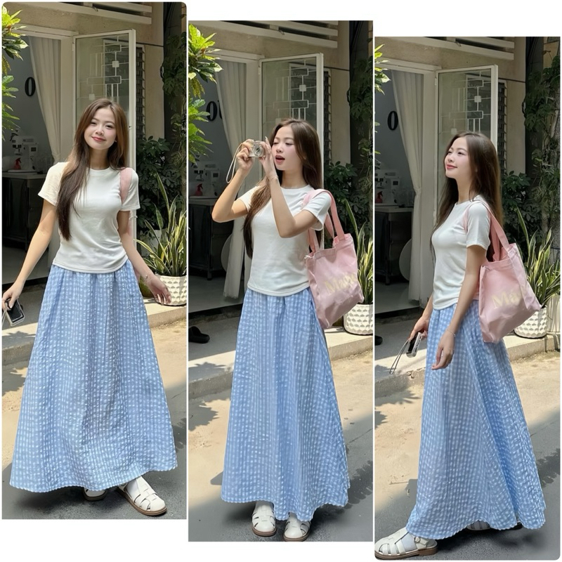 Sét Váy Trong Trẻo Gồm Áo Babytee Màu Trắng Kèm Chân Váy Đũi Kẻ Màu Xanh (LA20)