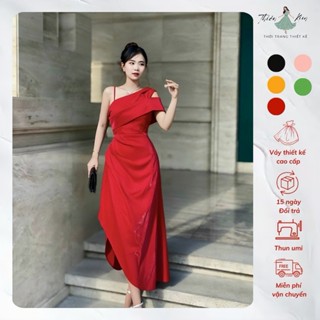 A013 - Đầm chữ A nẹp xéo vai 1 dây, váy dự tiệc xếp ly che bụng thiết kế trung niên bigsize