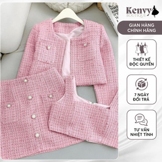 Set Dạ Kenvy BOUTIQUE Ba Món Siêu Xinh Cực Kì Cá Tính Áo Khoác Dài Tay Chân Váy Chữ A Và Áo Hai Dây