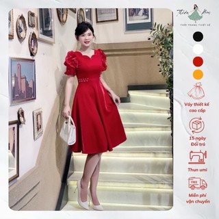 Đầm Xòe Tay Phồng Kết Ngọc, váy xòe nữ cổ cữ V bigsize, váy tặng mẹ, Đầm xòe trung niên X47