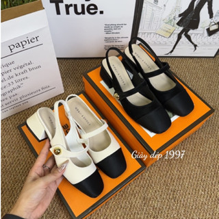 Giày cao gót mũi vuông vá chất tuyết nhung hở gót, gót vuông 3p quai ngang full hộp ( AH22 )