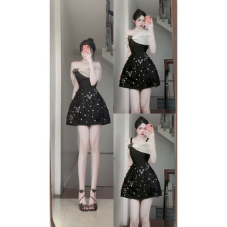 váy tacta trễ vai thêu đá kem đen sz sml