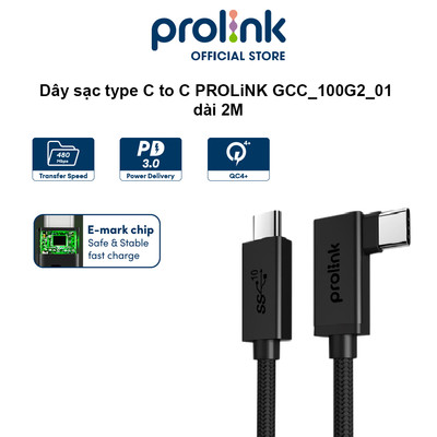Dây sạc type C to C PROLiNK GCC_100G2_01 dài 2M, Sạc siêu nhanh 100W, truyền dữ liệu audio, video 4K