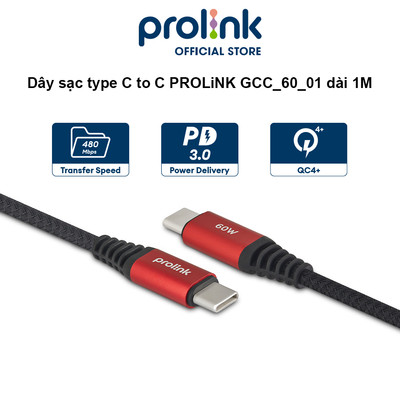 Dây sạc type C to C PROLINK GCC_60_01 dài 1M, sạc siêu nhanh 60W, dành cho Samsung, Xiaomi, iPad Pro