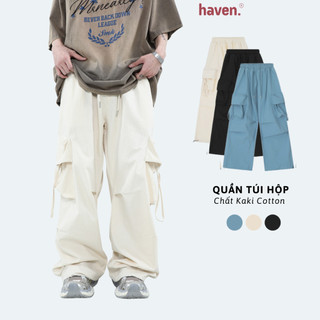 Quần túi hộp ống rộng nam nữ Haven cotton, dây rút jogger bigsize, màu đen mun, kem Cargo Pant
