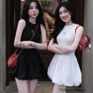 Váy nữ sát nách liền thân điểm nhấn nơ trước ngực cực xinh đuôi dáng bồng xòe 2M đen, trắng new 2024 HCOM253