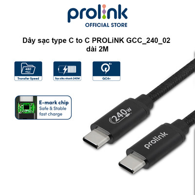 Dây sạc type C to C PROLiNK GCC_240_02 dài 2M, sạc siêu nhanh 240W với chuẩn PD 3.1, truyền dữ liệu tốc độ cao 480Mbps