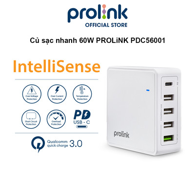 Củ sạc nhanh 60W PROLiNK PDC56001 có 5 cổng (1 USB-C & 4 USB-A) dành cho Macbook, iPhone, iPad, Samsung, Xiaomi