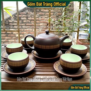 Bộ ấm trà tử sa viền vàng chén men ngọc, bộ ấm chén tử sa bát tràng chén xanh