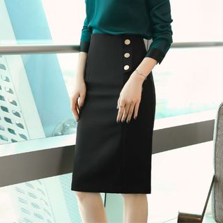 Chân váy bút chì ngắn công sở cạp cao Vannhshop thiết kế cao cấp co giãn xẻ sau màu đen xanh đen