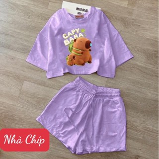 Bộ croptop bé gái in gấu CAPY BARA , chất thun cotton mềm mịn