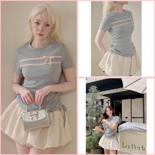 Áo thun babytee cổ tròn nơ ngực rút eo phối ren màu xám ghi phong cách hàn quốc siêu xinh