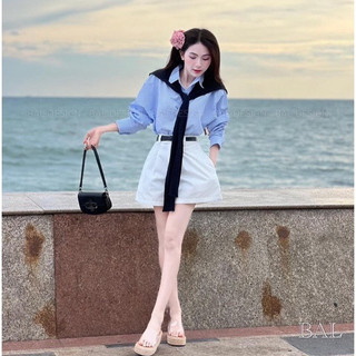Áo sơ mi form rộng kẻ sọc (SƠ MI SỌC MÀU KÈM KHĂN ) công sở tay dài THUUNISEX M2575
