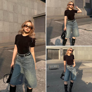 Quần short jean ngố ống rộng lưng cao jean cotton
