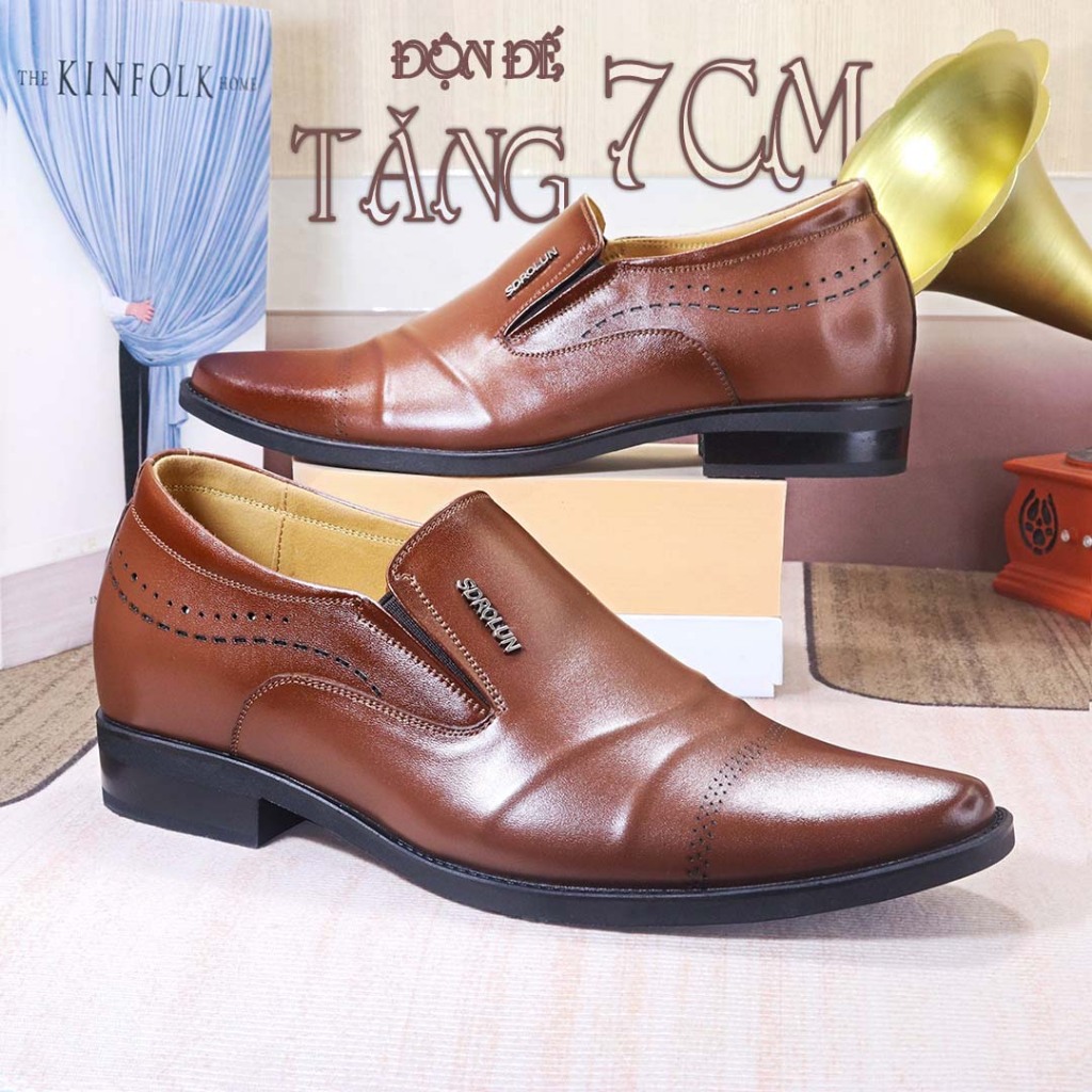 Giày nam da bò tăng chiều cao 7cm HT.NeO, Giày tây lười độn đế mũi nhọn da dập gân nổi khỏe khoắn lịch lãm 6786
