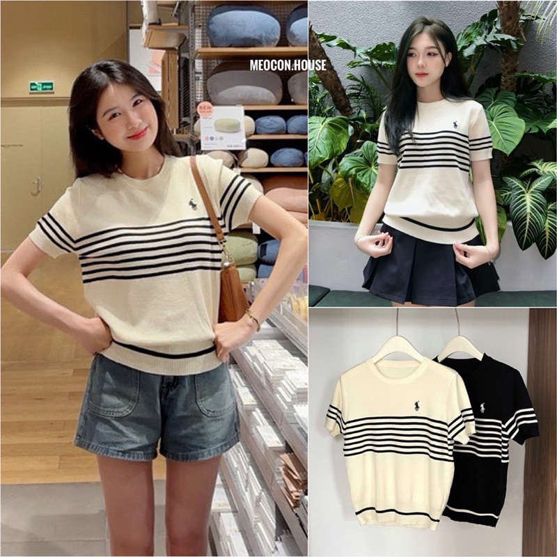 Áo Thun Nữ Cổ Tròn Sọc Dệt Kim Thêu Hình Ngựa Phong Cách Trẻ Trung Hàn Quốc_A1K13