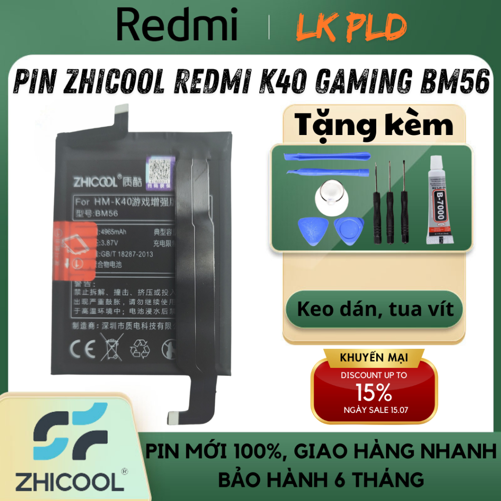 Pin Redmi K40 Gaming hãng Zhicool, Mã pin BM56, Dung lượng 5065mAh,Tặng kèm bộ tua vít mở máy