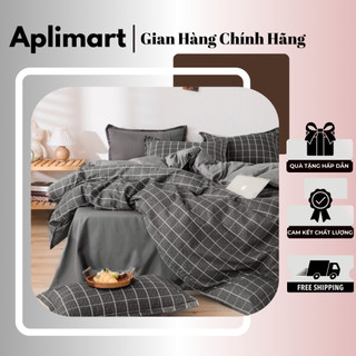 Bộ chăn ga cotton poly đáng yêu, chăn ga poly hàn quốc xám sọc