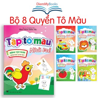 Sách- Bộ 8 Quyển Tập Tô Màu Nhà Trẻ Hình Vẽ To  Dành Cho Bé Từ 3 4 5 Tuổi Kèm Túi Xách Song Ngữ Anh Việt 8 Chủ Đề