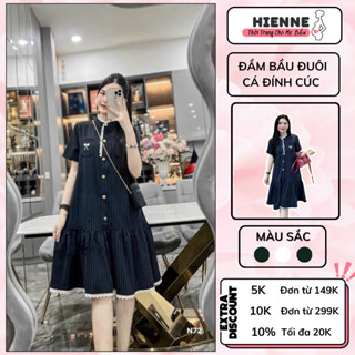 Đầm bầu thiết kế HIENNE, Váy bầu thời trang Babydoll Cổ Tàu Kẻ Sọc Xanh Than Viền Ren Thêu Nơ Túi Ngực soang chảnh