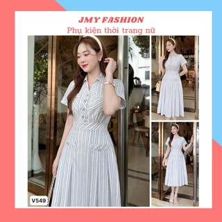 V549 Váy sơ mi kẻ dáng xòe dài tiểu thư [TH Hà Thanh] váy kẻ xanh sơ mi dáng xòe nữ tính