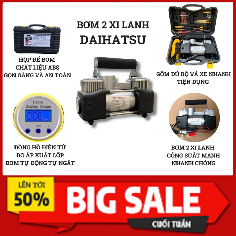  Bơm Lốp Ô Tô 2 Xi Lanh Daihatsu Hàng Chuẩn Bảo Hành 12 Tháng Công Suất Lớn Siêu Khỏe Siêu Nhanh - Bơm Điện Ô Tô 