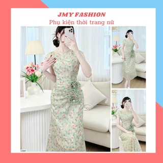 V4991 Váy đầm voan xanh hoa nhí dáng ôm A sang chảnh [Dolce Viva Colection (DVC)] váy voan hoa xanh cổ thuyền thiết kế
