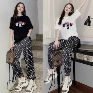 Bộ Đồ Thun Dài Phom Rộng Áo Thêu Chữ Phối Quần Thun Lạnh In 3D Bo Chân MSUSA