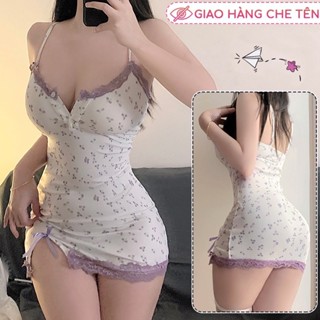 Tặng kèm chip - Váy ngủ hoa nhí viền ren tím xẻ đùi dáng ôm gợi cảm (có sẵn đệm ngực)